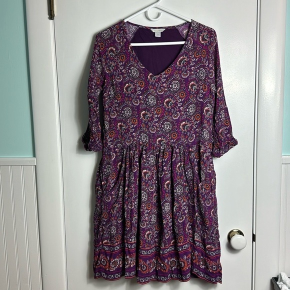 Garnet Hill Purple Floral Bohemian Dropped Waist Pocket Dress Size 6 - Picture 2 of 12
